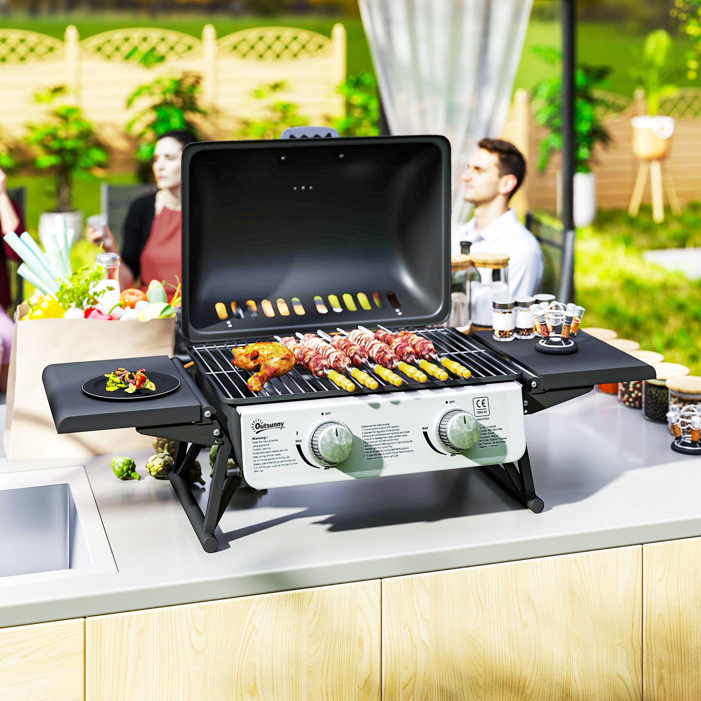 Outsunny Two-Burner Compact Gas Grill with 2 Folding Side Shelves - Black