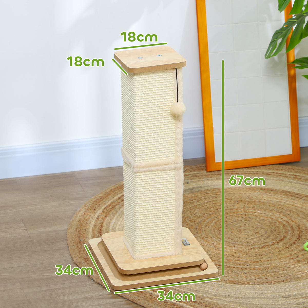 PawHut cat scratching post with 67 cm height and 34 cm square base dimensions