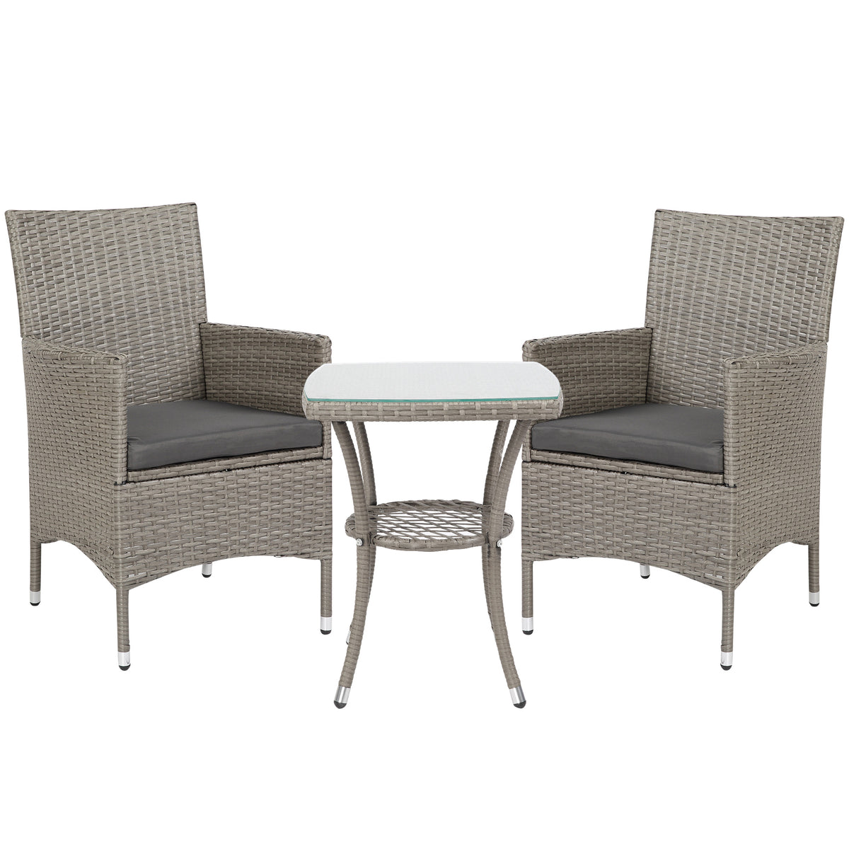 Photo of Outsunny 3 Pieces Rattan Bistro Set, Wicker Garden Furniture Set with 2-Tier Coffee Table and Chairs, Washable Cushions, for Outdoor Patio Balcony, Grey in Grey colour on a white background