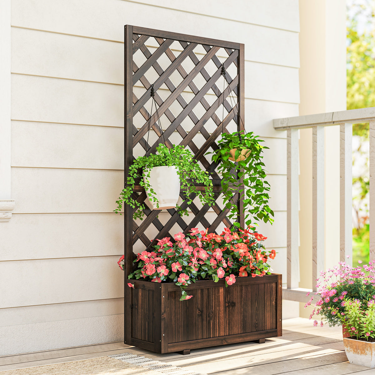 Outsunny Garden Planter with Trellis, 45L Raised Bed for Climbing Plants, Vines, Flowers, Outdoor Planter Box for Patio, 72.5 x 31.5 x 149.5 cm, Carbonised Finish