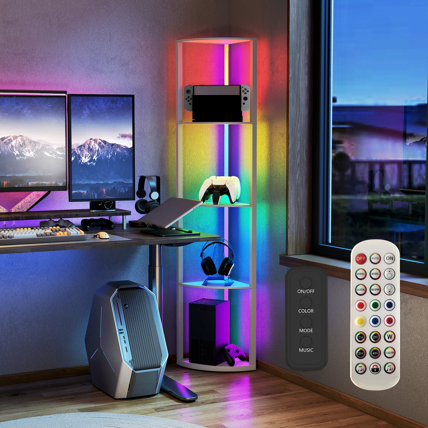 HOMCOM RGB LED Floor Lamp with Shelves, 4-Tier Dimmable Standing Lamp with Adjustable Brightness and Remote Control, Modern Corner Display Shelf Unit for Living Room Bedroom Office, Grey