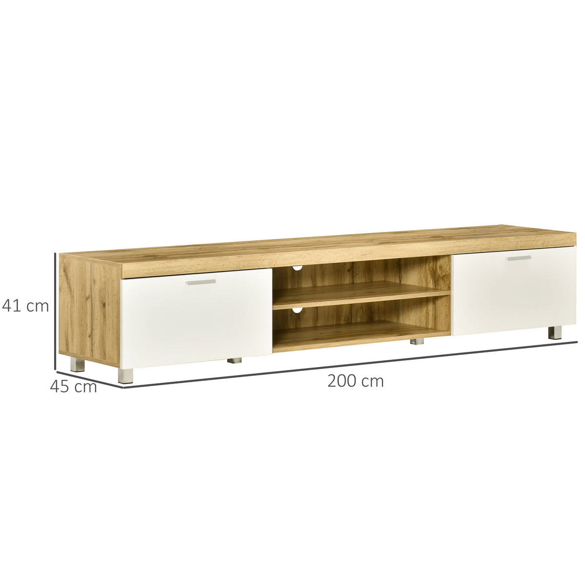HOMCOM TV stand with two white doors, two open shelves, and 200 cm wide oak-look top