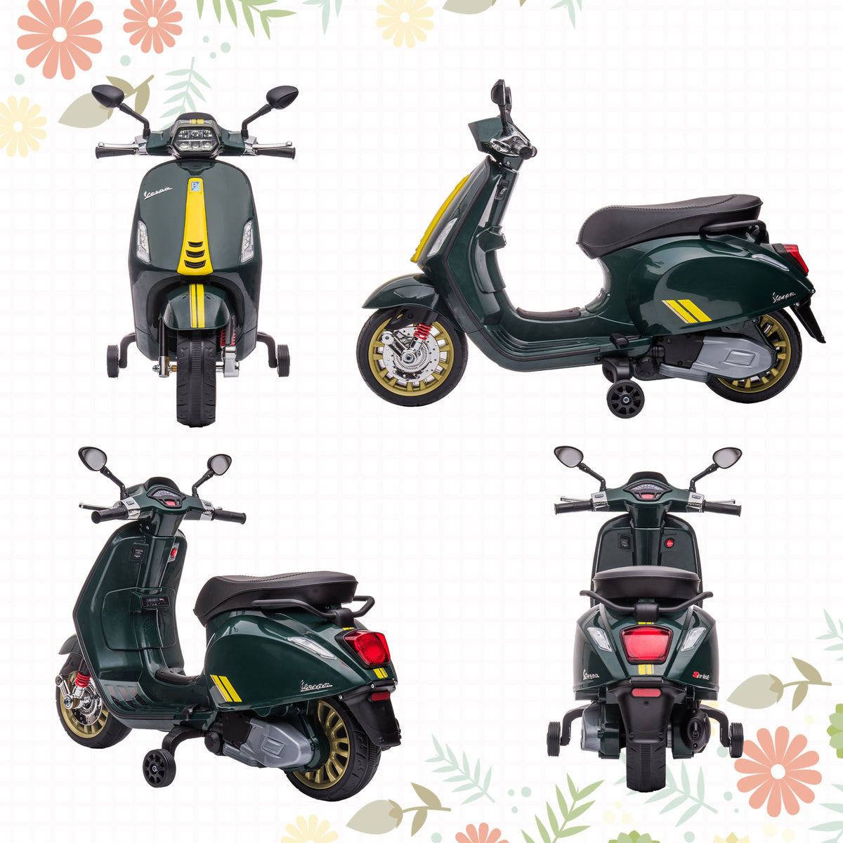 AIYAPLAY 12V Vespa Licensed Kids Electric Motorbike w/ Music, Lights, FM Radio, for 3-6 Years - Green