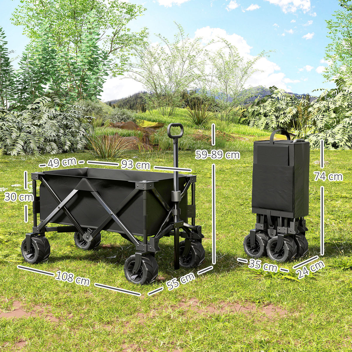 Outsunny black folding wagon shown open and folded, with dimensions and adjustable handle height