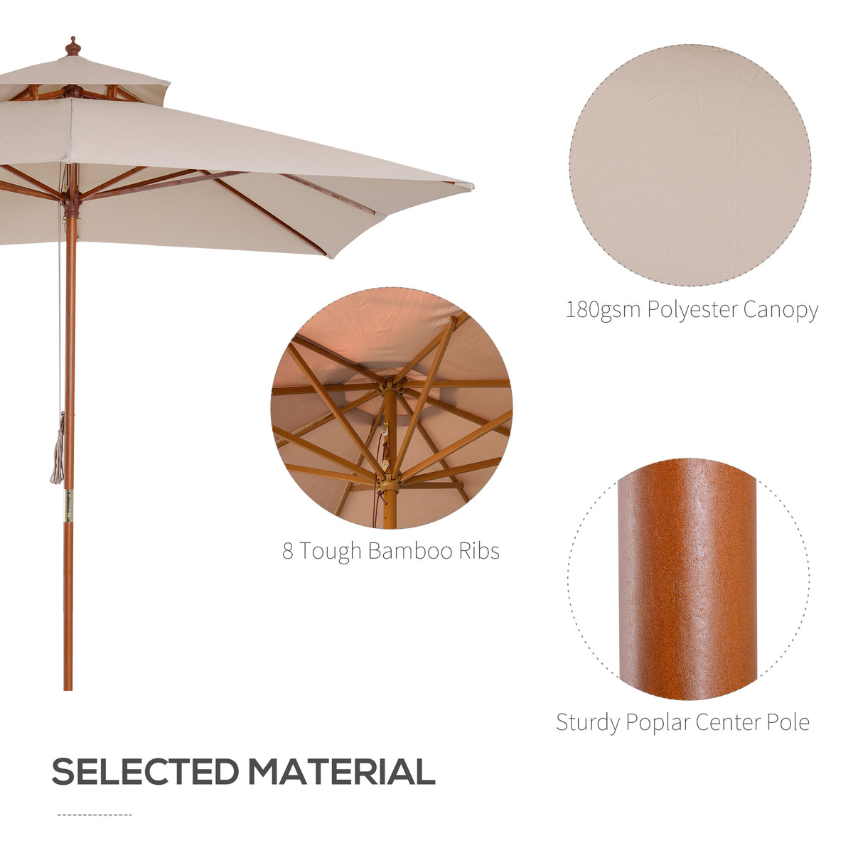 Beige double-tier patio parasol with wooden pole and bamboo ribs