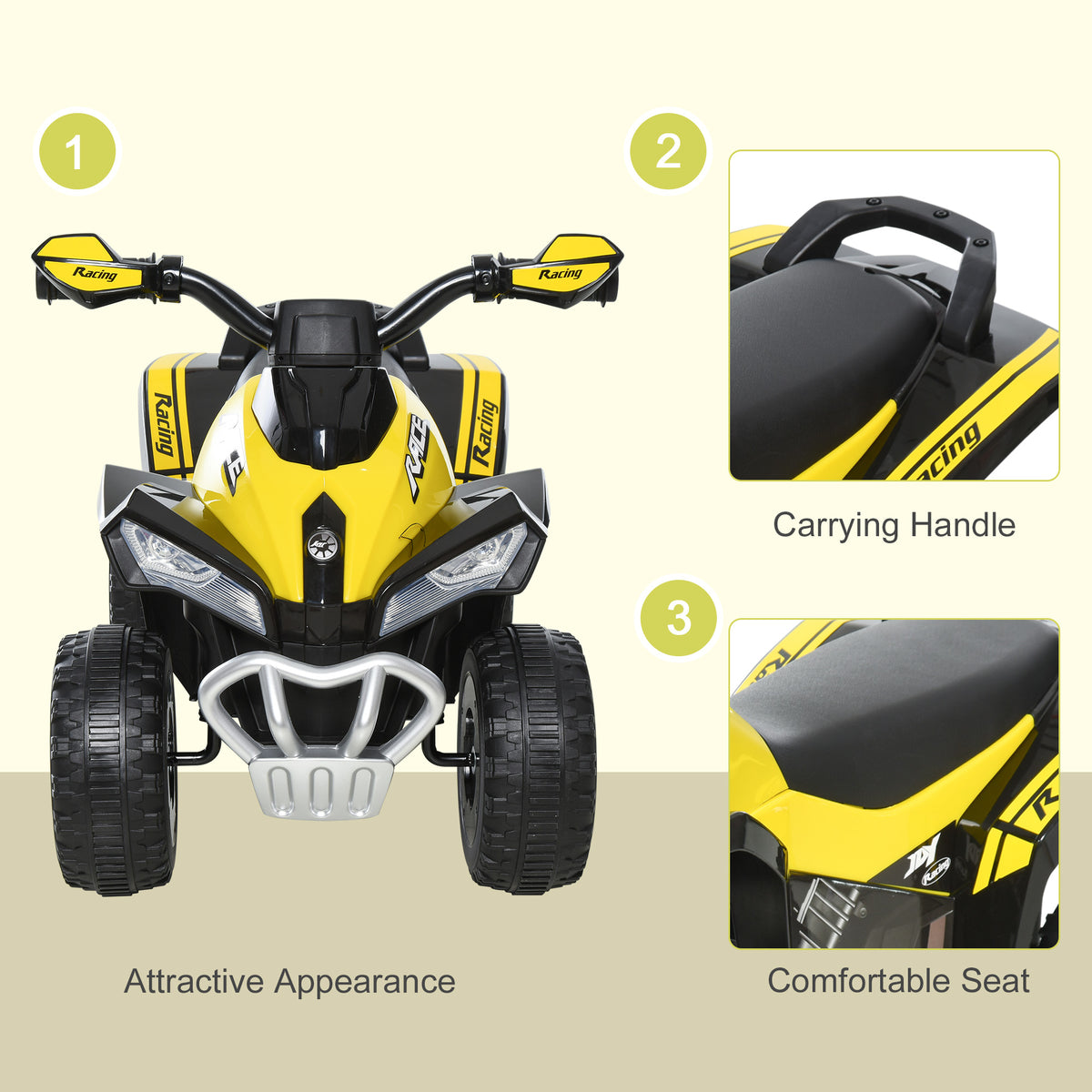 HOMCOM yellow ride-on toy car shown from the front, with a close-up of its seat and carry handle