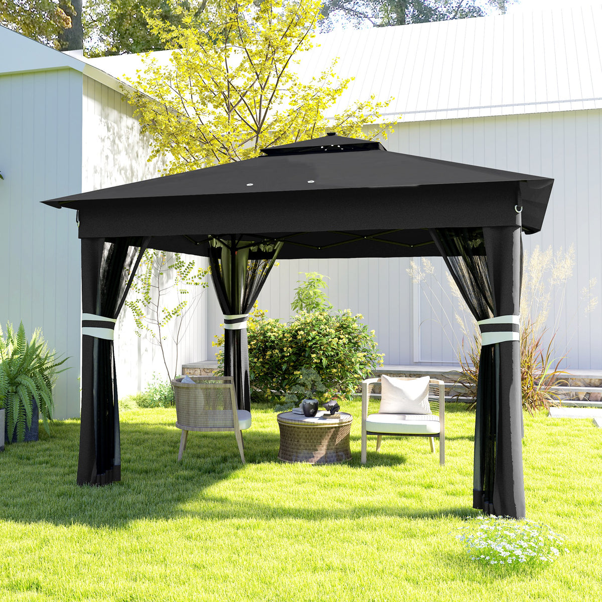 Black pop-up gazebo with a peaked double roof and tied-back curtains