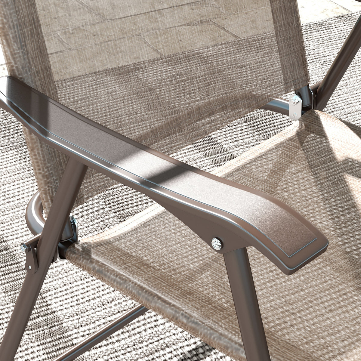 Folding chair close-up showing a brown armrest, mesh fabric, and frame joint