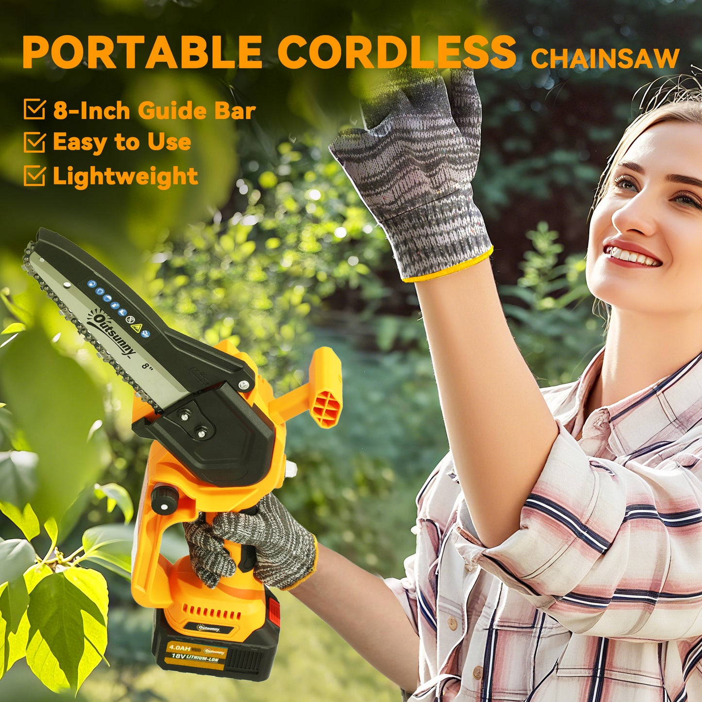 Outsunny Mini Pruning Saw Cordless, 8 Inch Electric Pruning Saw with 2 x 4000mAh Batteries, Brushless Motor and Safety Lock for Tree Trimming, Garden, Wood Cutting, Orange