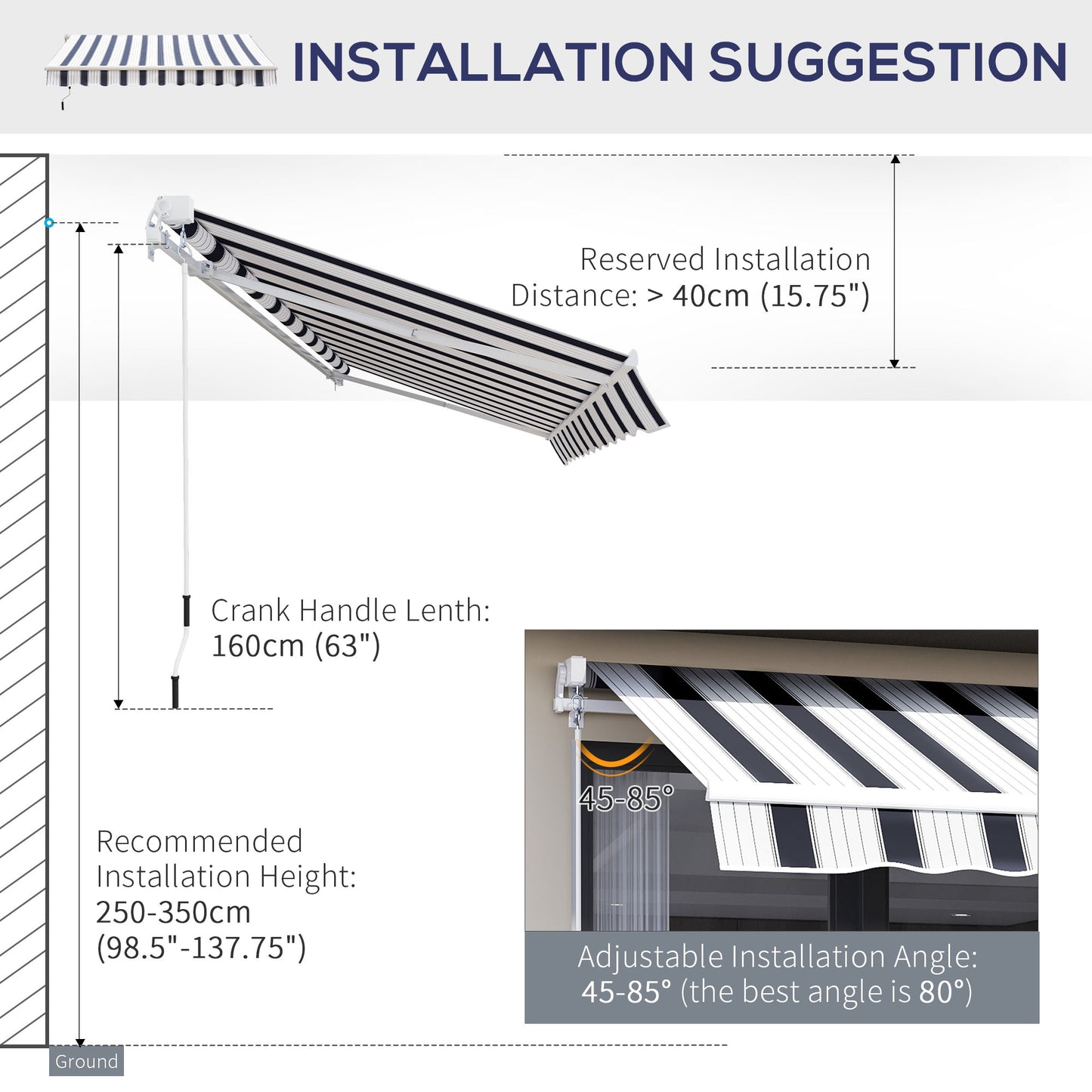 Outsunny 2.5x2 m Manual Retractable Awning, Garden Awning with 90% UV block -Dark Blue/White Stripes