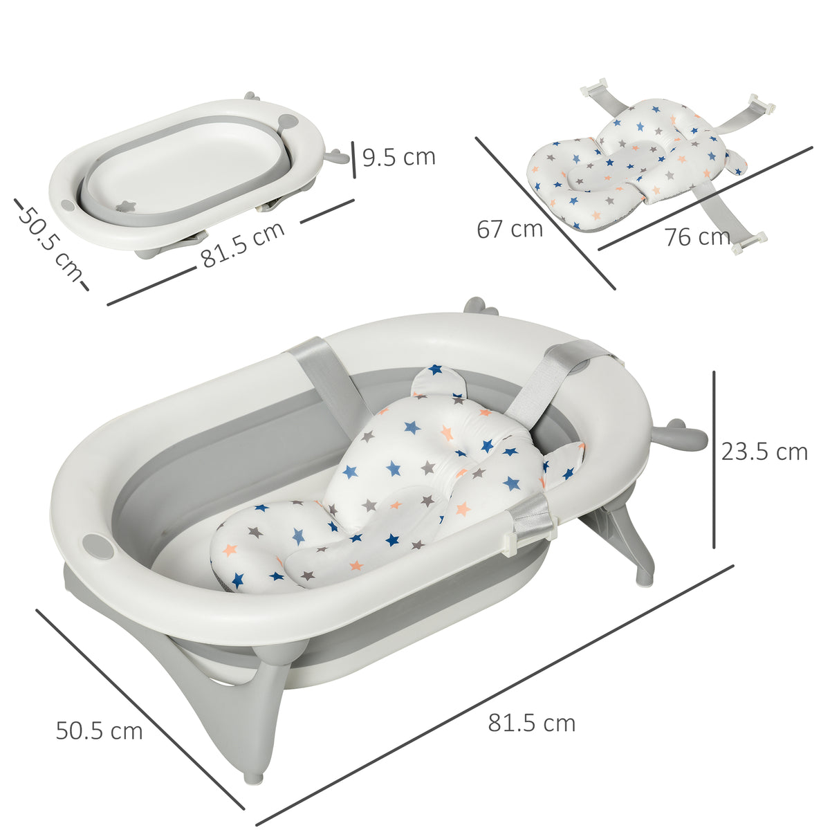Foldable baby bathtub set with cushion, shown with product dimensions