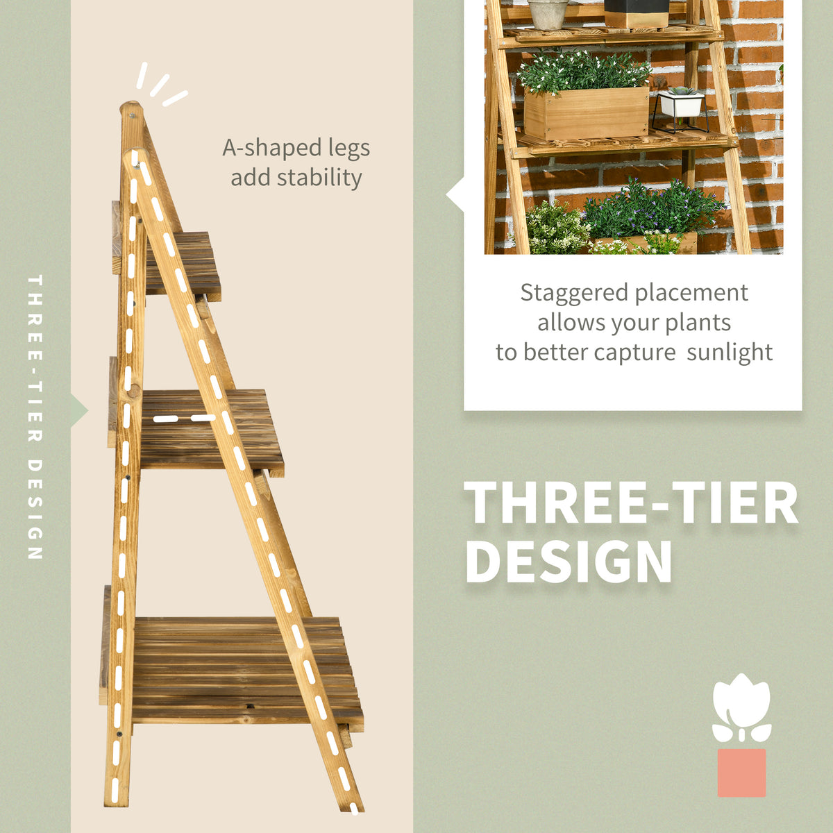 Outsunny wooden plant stand with A-shaped legs and staggered three-tier shelves