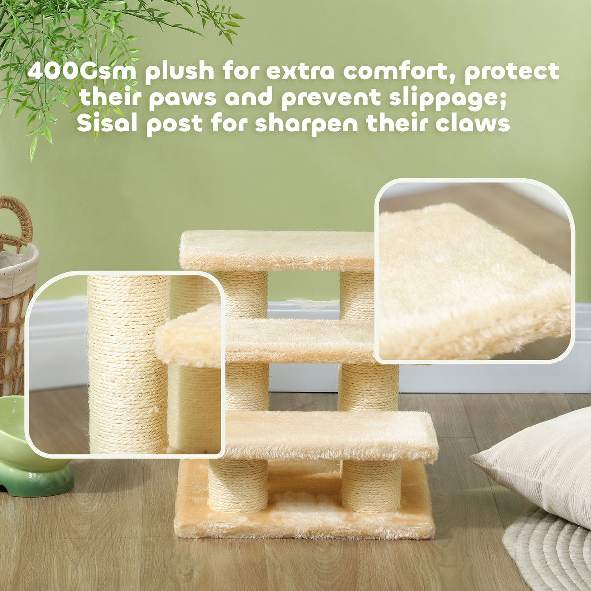 Beige three-step pet stairs with plush platforms and sisal scratching posts