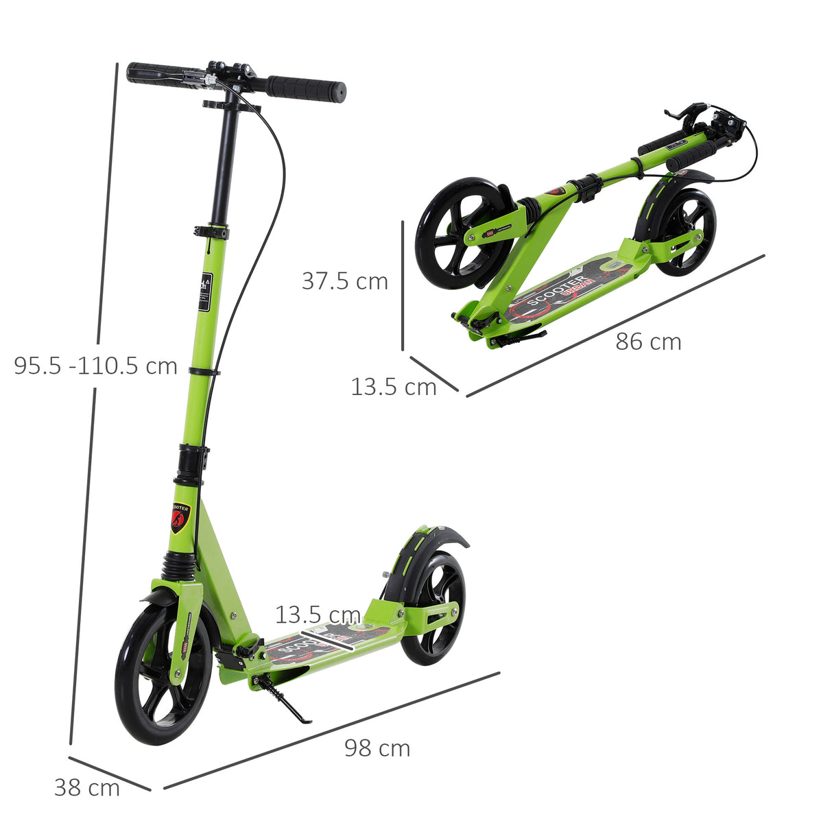 Green HOMCOM scooter shown upright and folded with dimensions marked