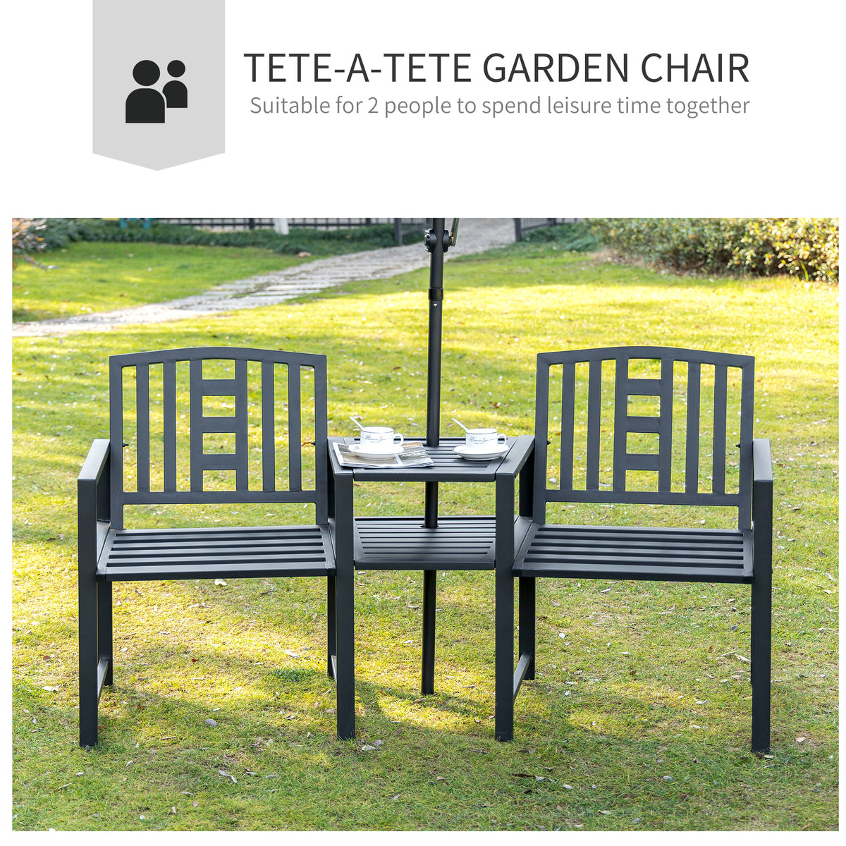 Two-seat garden bench with center table and space for drinks