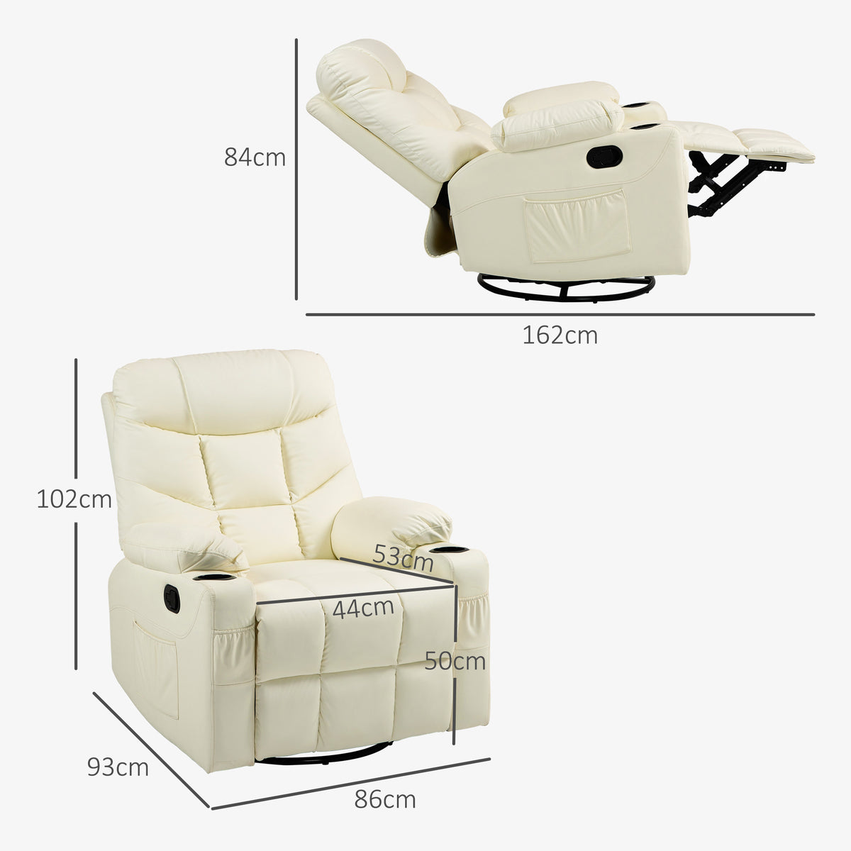 Cream reclining chair shown upright and reclined, with dimensions and extended footrest