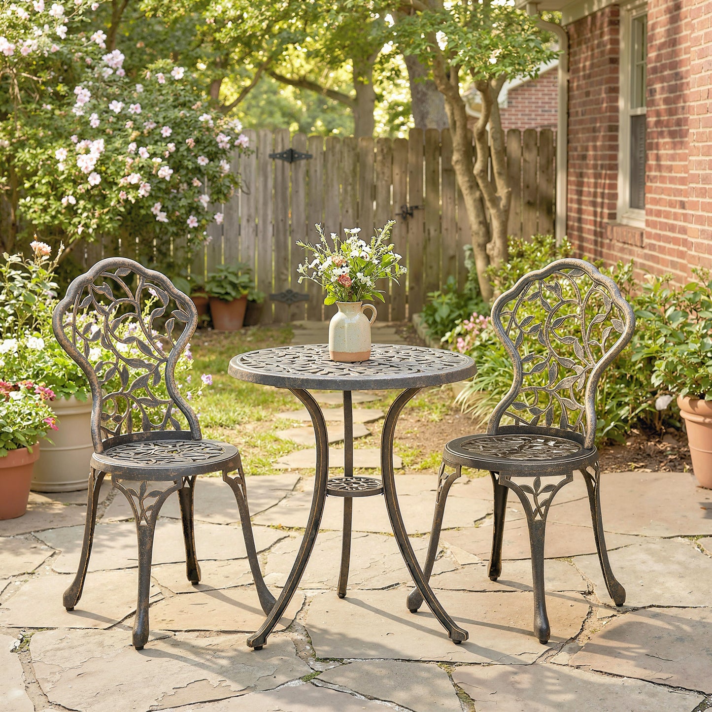 Outsunny 3 Pcs Aluminium Bistro Set Garden Furniture Dining Table Chairs Outdoor Seat Patio Seater Brown