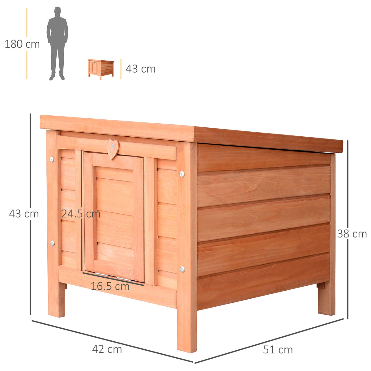 Natural wood rabbit hutch with measurements of 51 by 42 by 43 cm