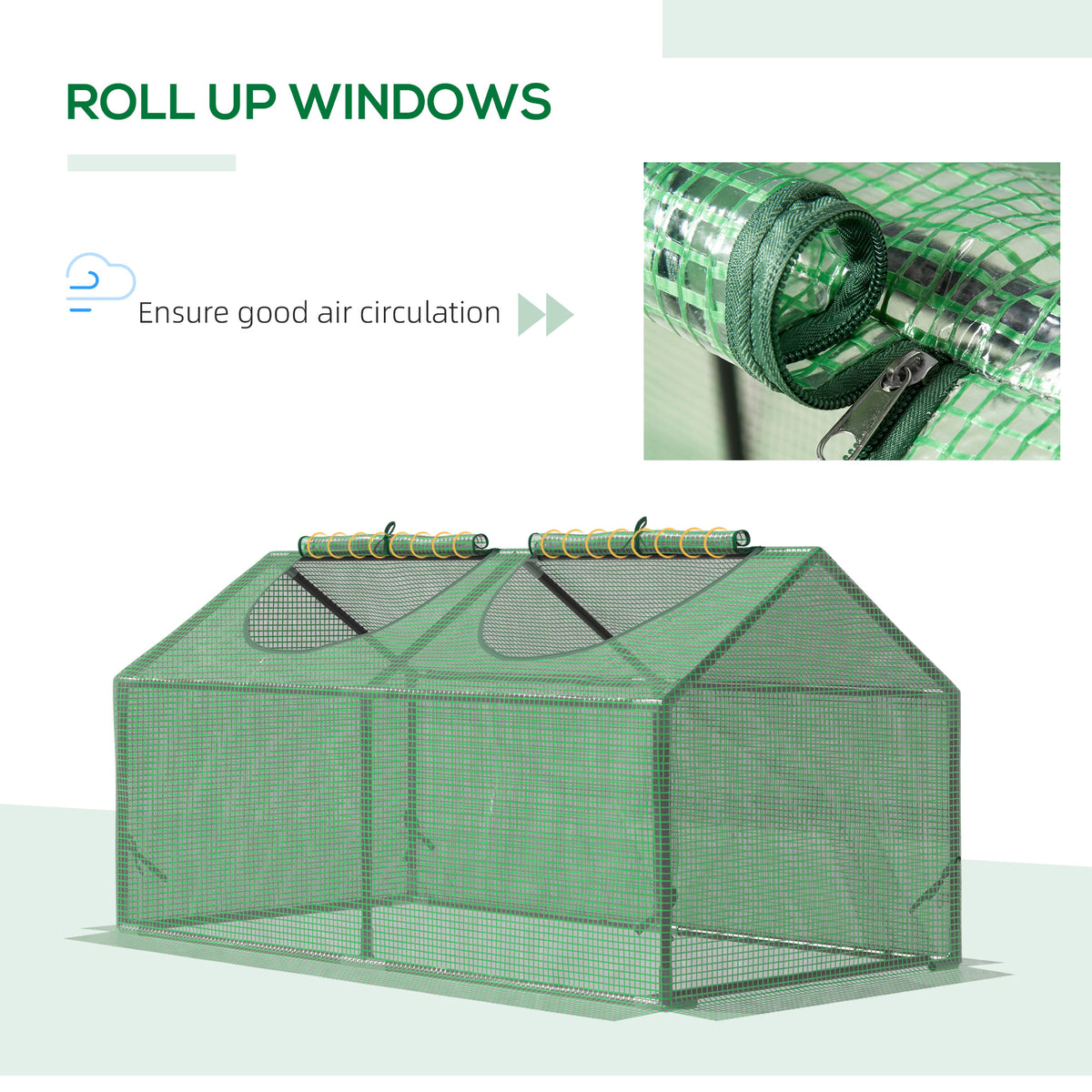 Green mini greenhouse with zipped roll-up roof windows for ventilation