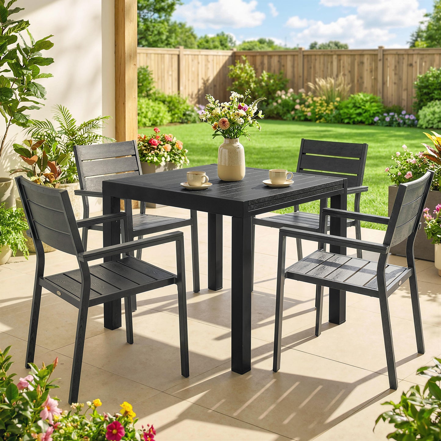 Outsunny Extending Garden Table for 4-6, Aluminium Outdoor Dining Table with Faux Wood Slatted Top, Black