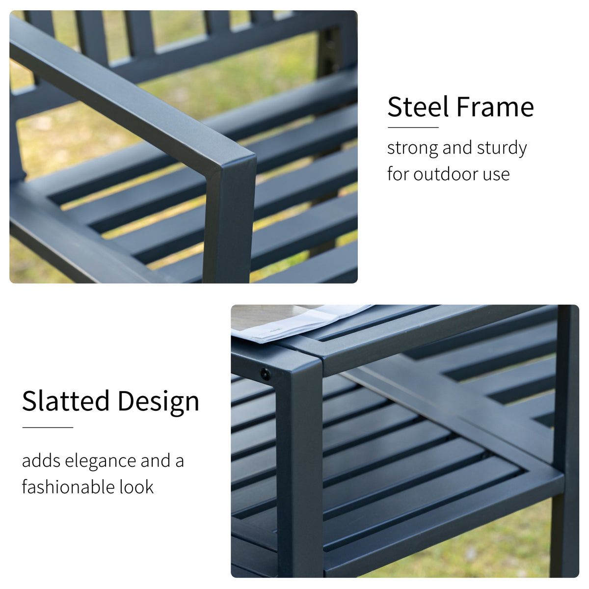 Black steel garden bench frame and close-up of slatted table design