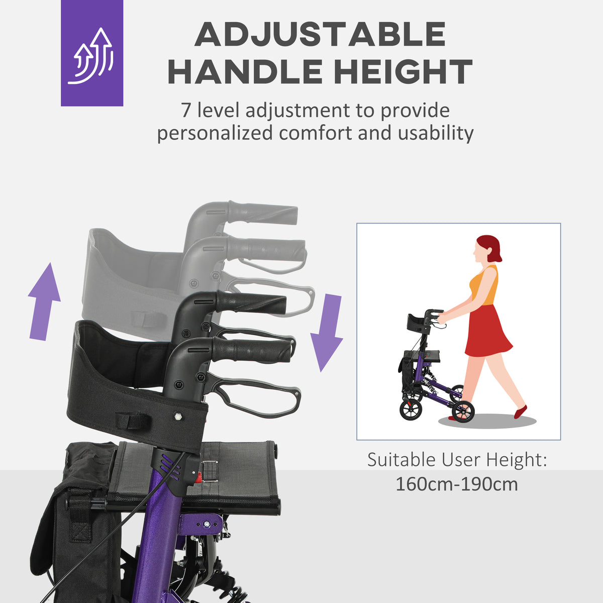 Purple rollator walker with adjustable handle height and multiple handle positions