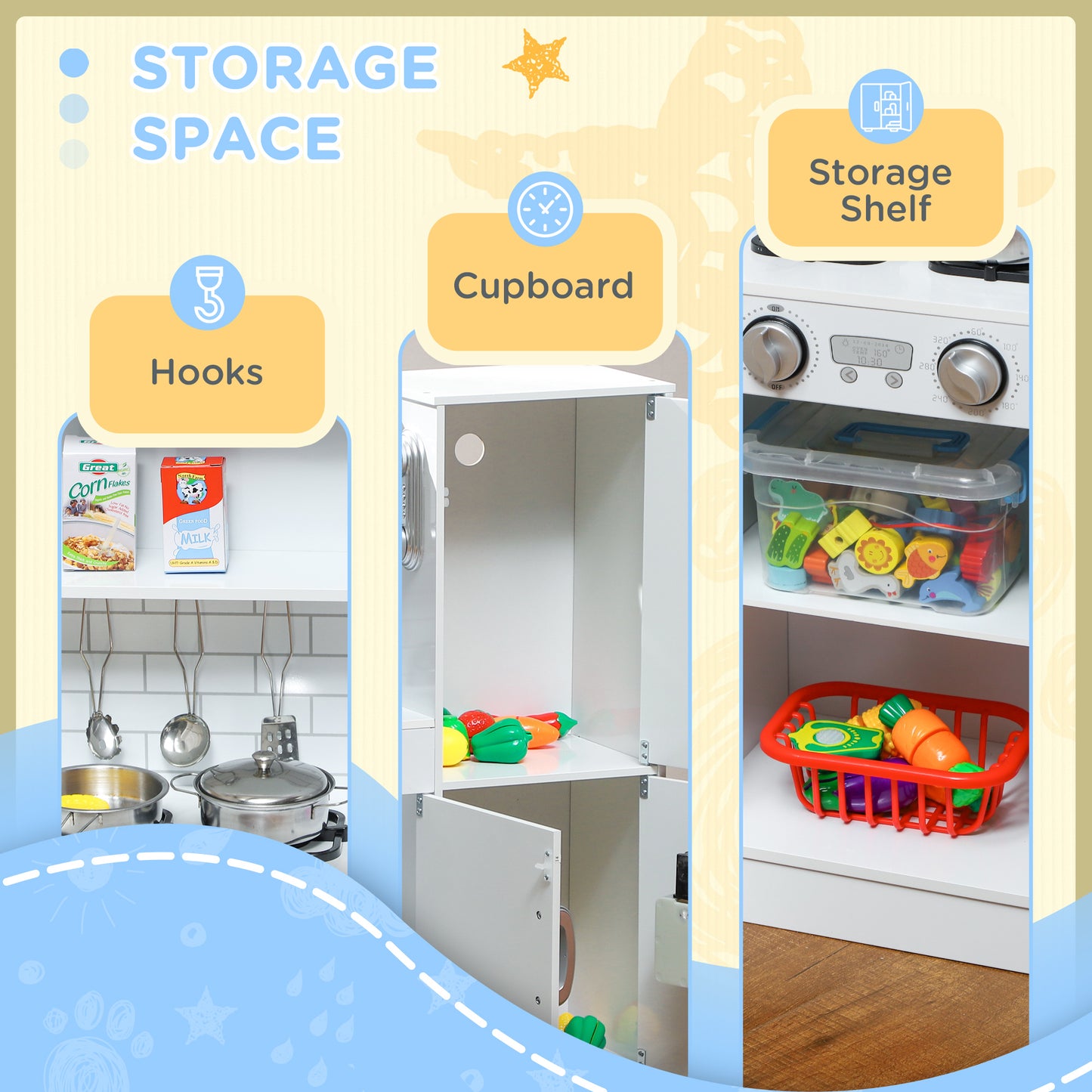AIYAPLAY Pretend Play Kitchen, Kids Kitchen Playset, with Toy Phone, Chalkboard, Microwave, Cooking Stove, Sink, White