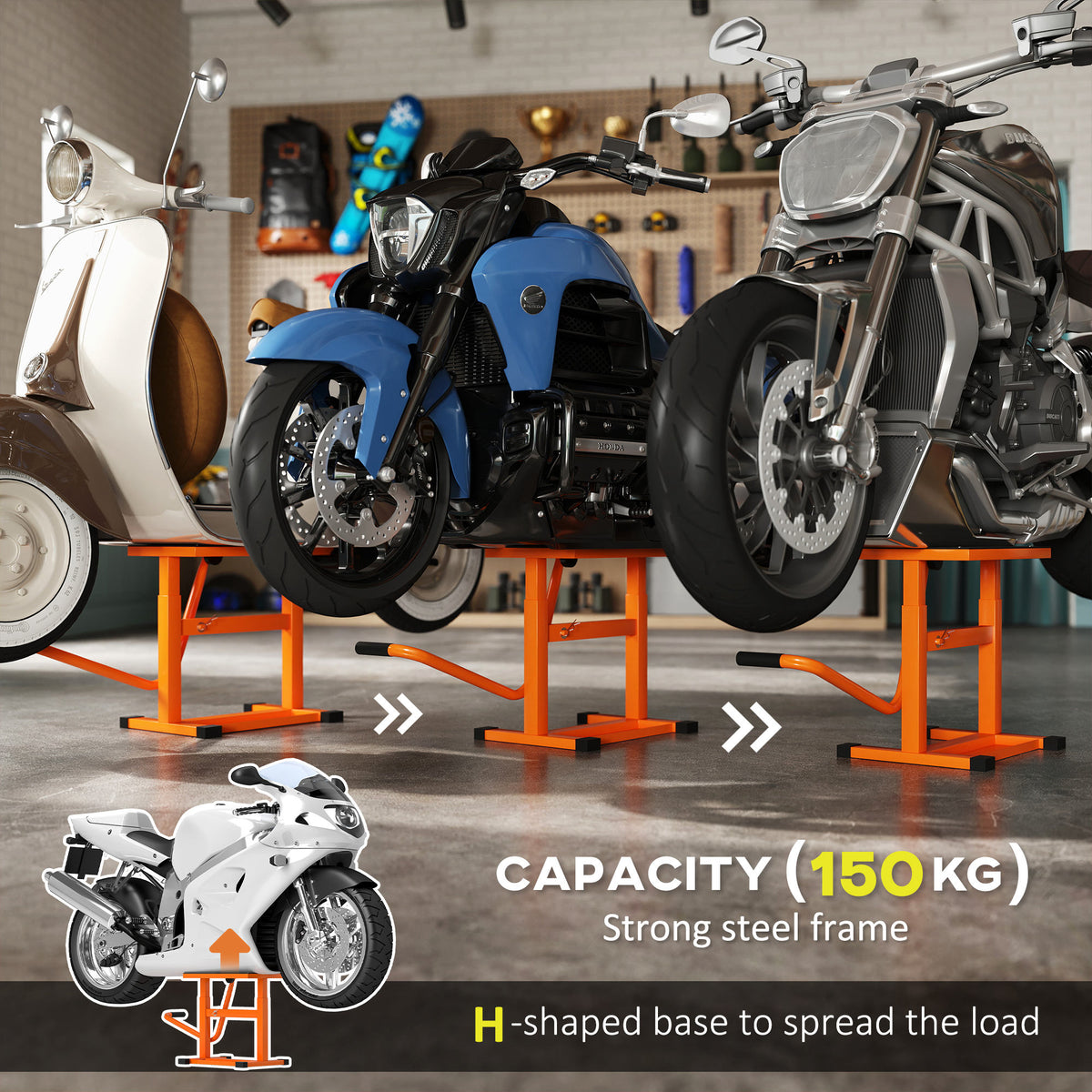 DURHAND orange steel motorbike lifts supporting scooters and motorcycles