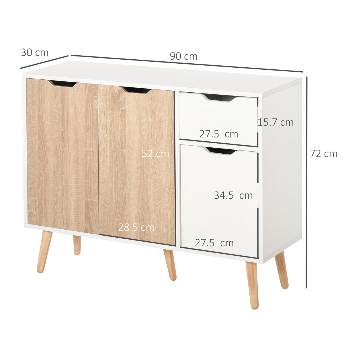 HOMCOM sideboard with two doors and two drawers; dimensions shown in centimeters