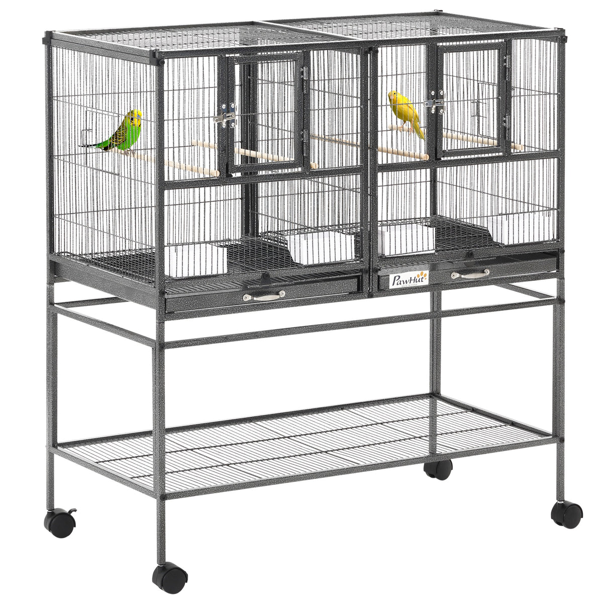 PawHut large metal bird cage with divider, perches, feeding cups, slide trays and wheeled stand