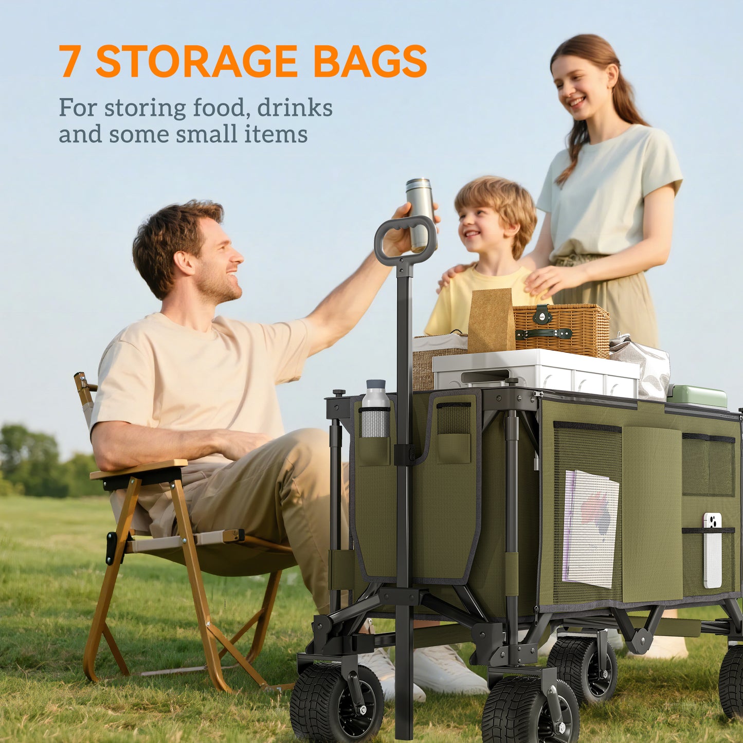 Outsunny 300L Festival Trolley on Wheels, Folding Camping Trolley Cart, Heavy Duty Collapsible Wagon Cart with Wide Wheels, Side Pockets for Outdoor Garden Picnic Beach Shopping Fishing, Green