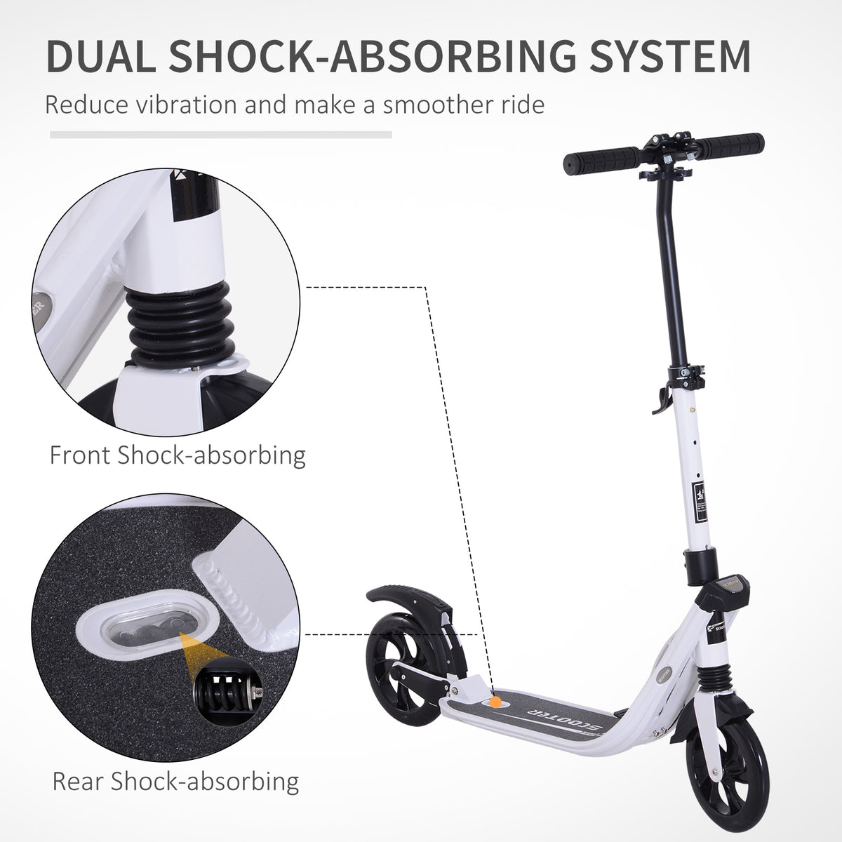 HOMCOM white kick scooter with front and rear shock absorbers