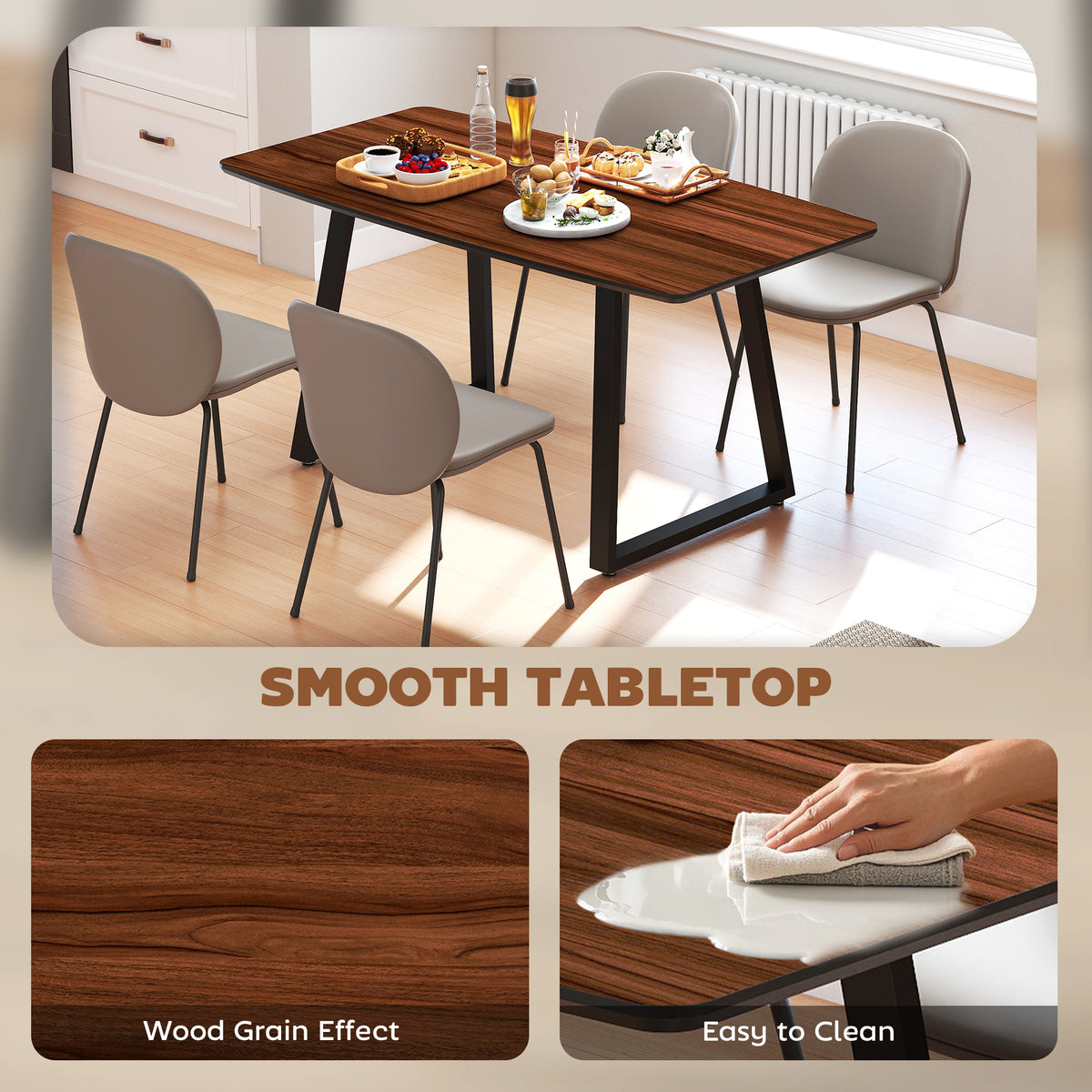 Wood-effect dining table with smooth rectangular top and black steel frame