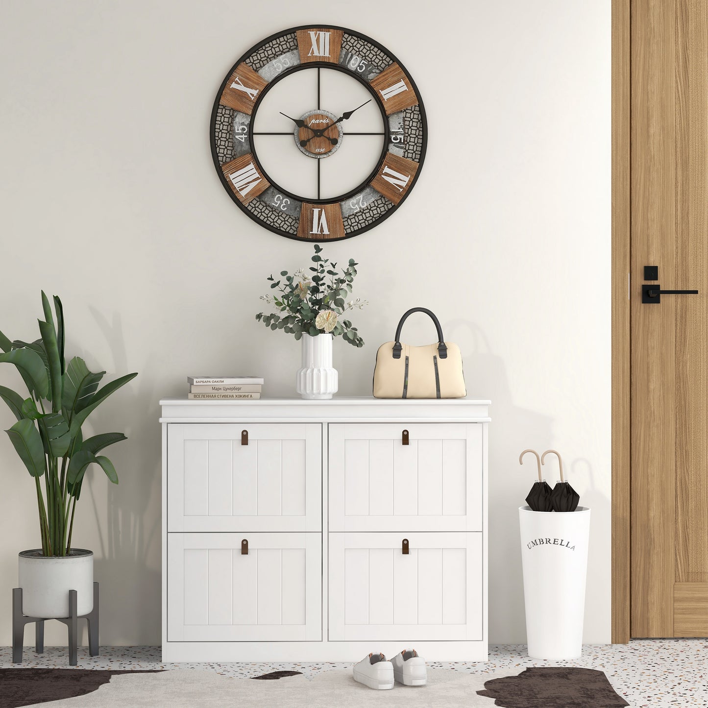 HOMCOM Slim Shoe Cabinet, Shoe Cabinet with 4 Drop-Down Drawers, 105W x 24D x 82.5H cm, White