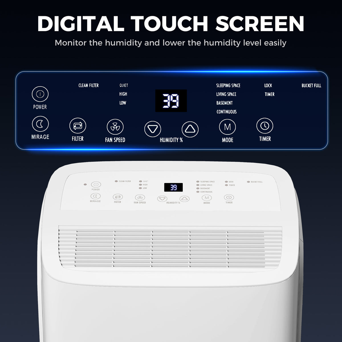 HOMCOM dehumidifier with digital touch controls, humidity display, and wide air outlet