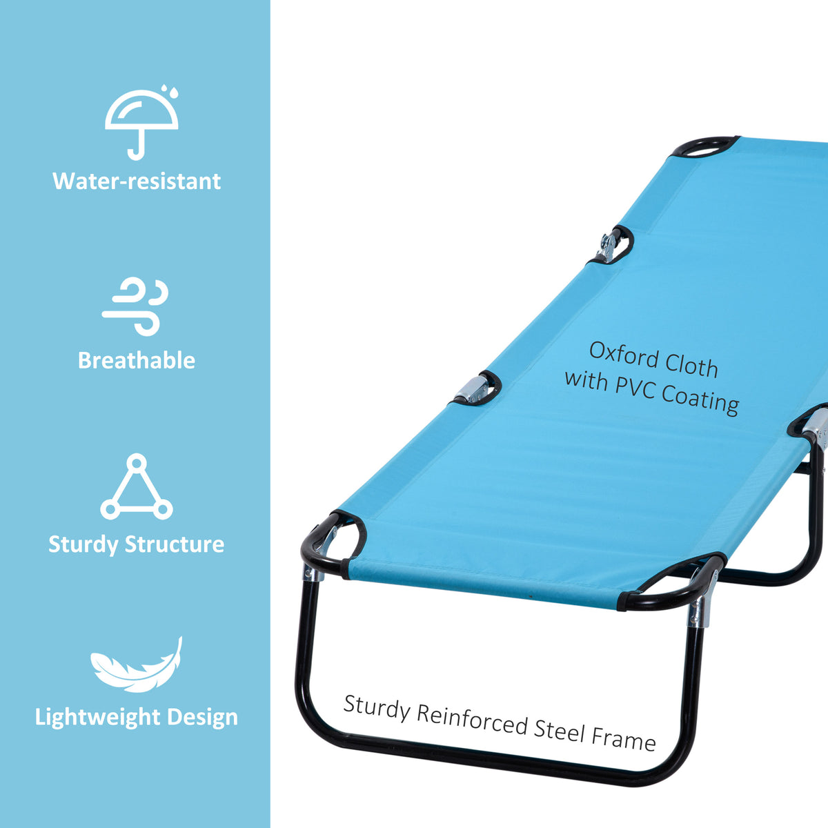 Light blue sun lounger with PVC-coated Oxford fabric and reinforced steel frame.