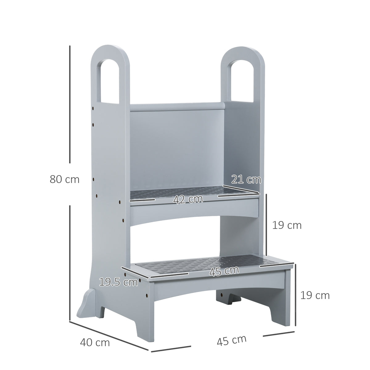 Grey wooden toddler step stool with dimensions labeled