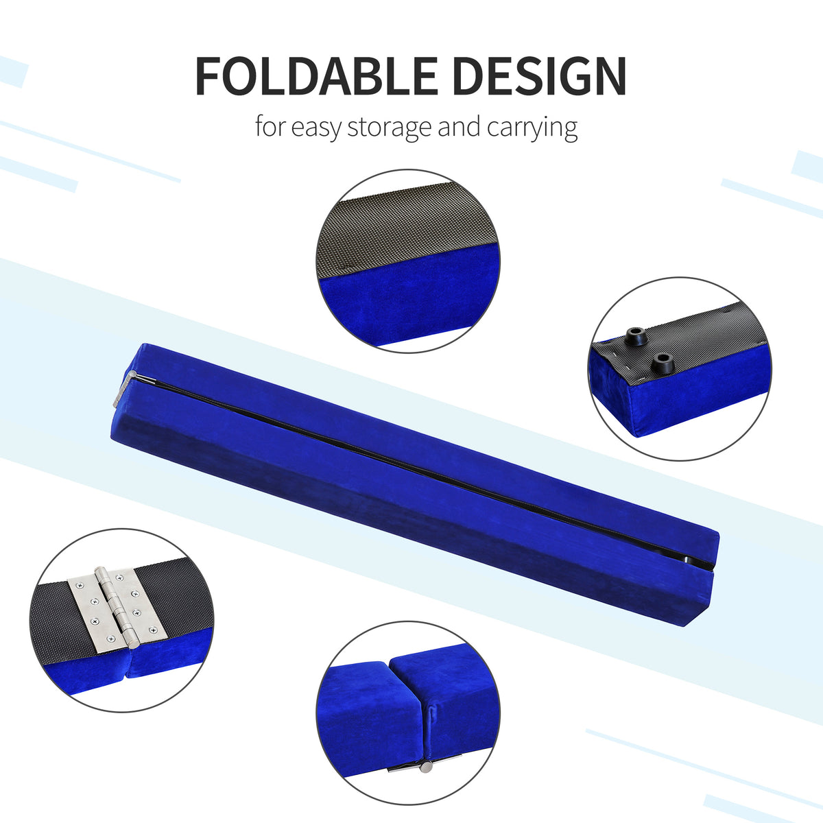 Blue folding gymnastics beam with close-ups of its hinge, end feet, and surface.