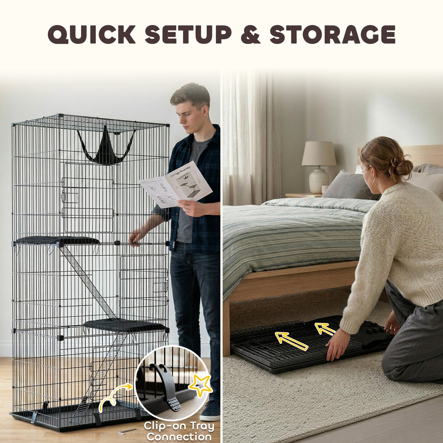 PawHut 3-Tier Large Cat Cage Indoor, Detachable Metal Wire Kennel with Hammock, Platforms, Tray and Cushions for 1-2 Kittens