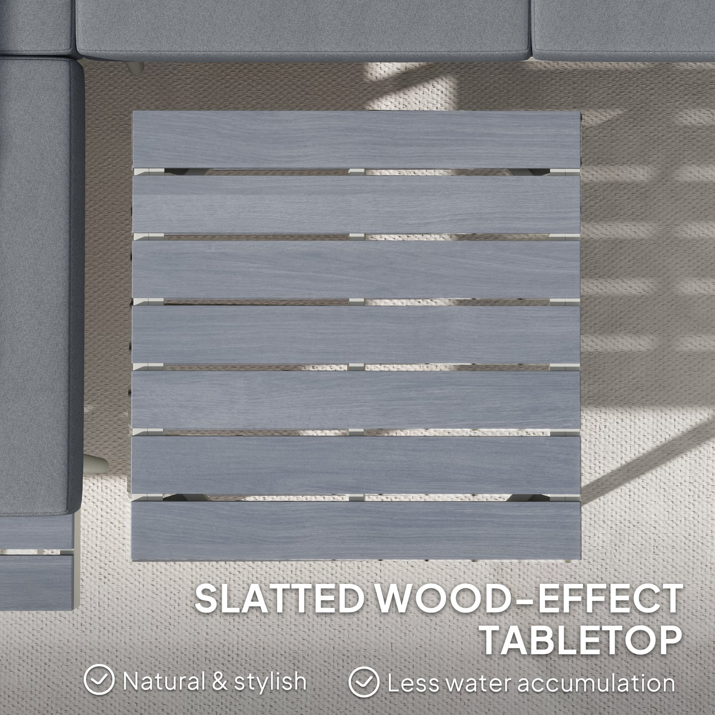 Close-up of gray slatted wood-effect tabletop
