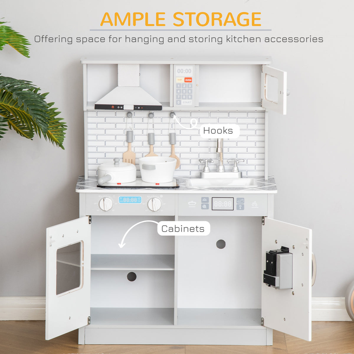 HOMCOM toy kitchen with open storage cabinets, upper shelf, and accessory hooks