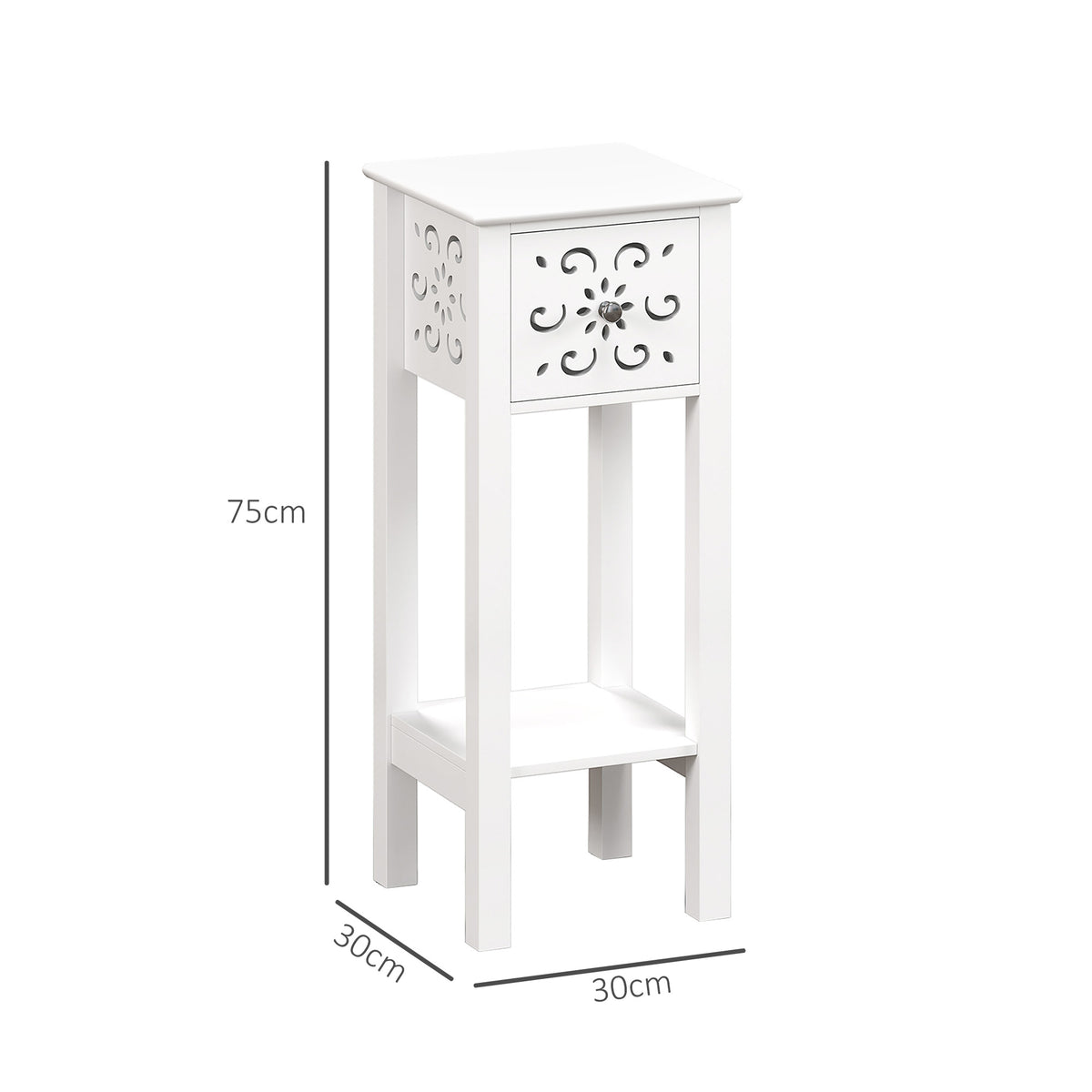 White floral cut-out side table with drawer and lower shelf, 75 cm tall