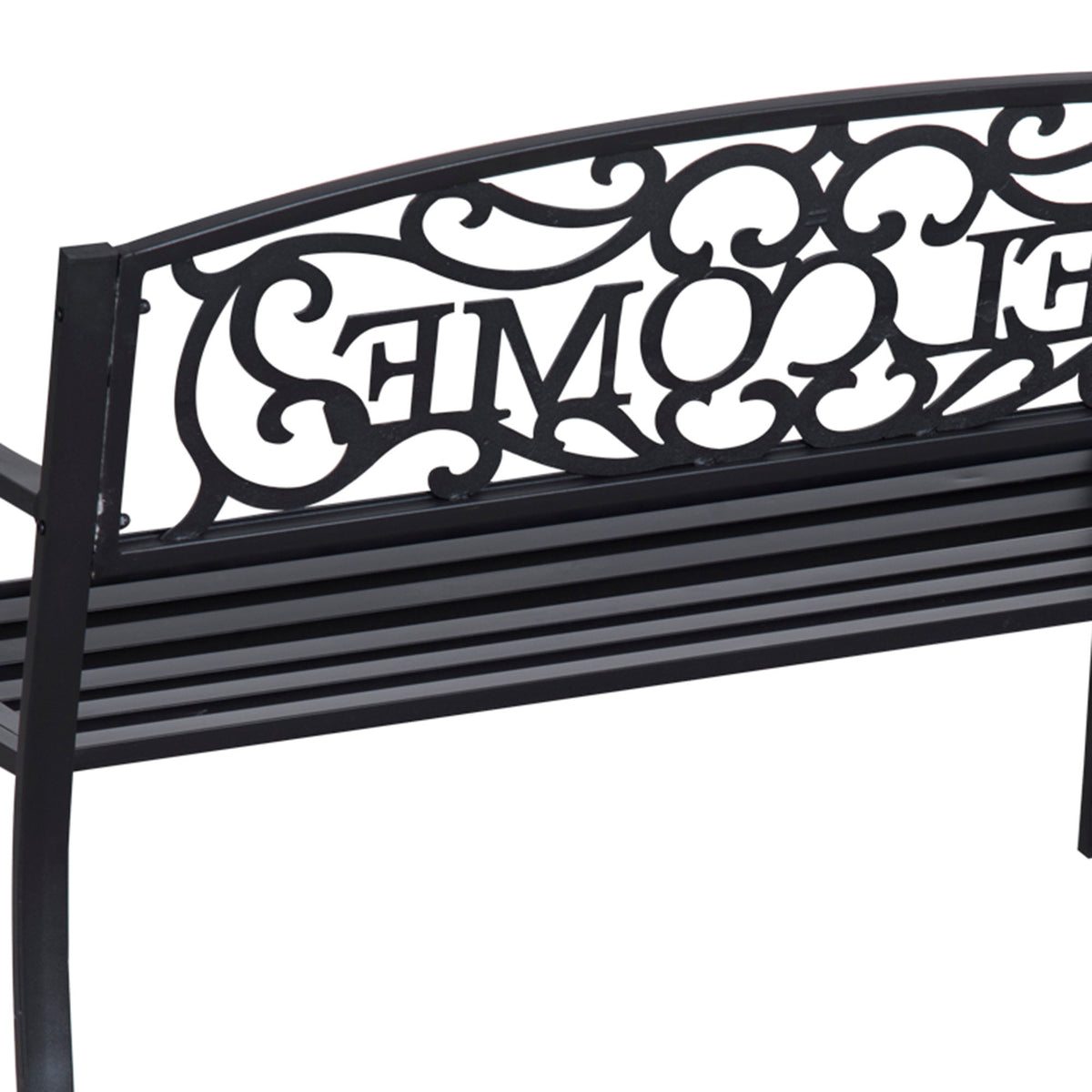 Rear view of the black steel bench’s ornate backrest and slatted seat
