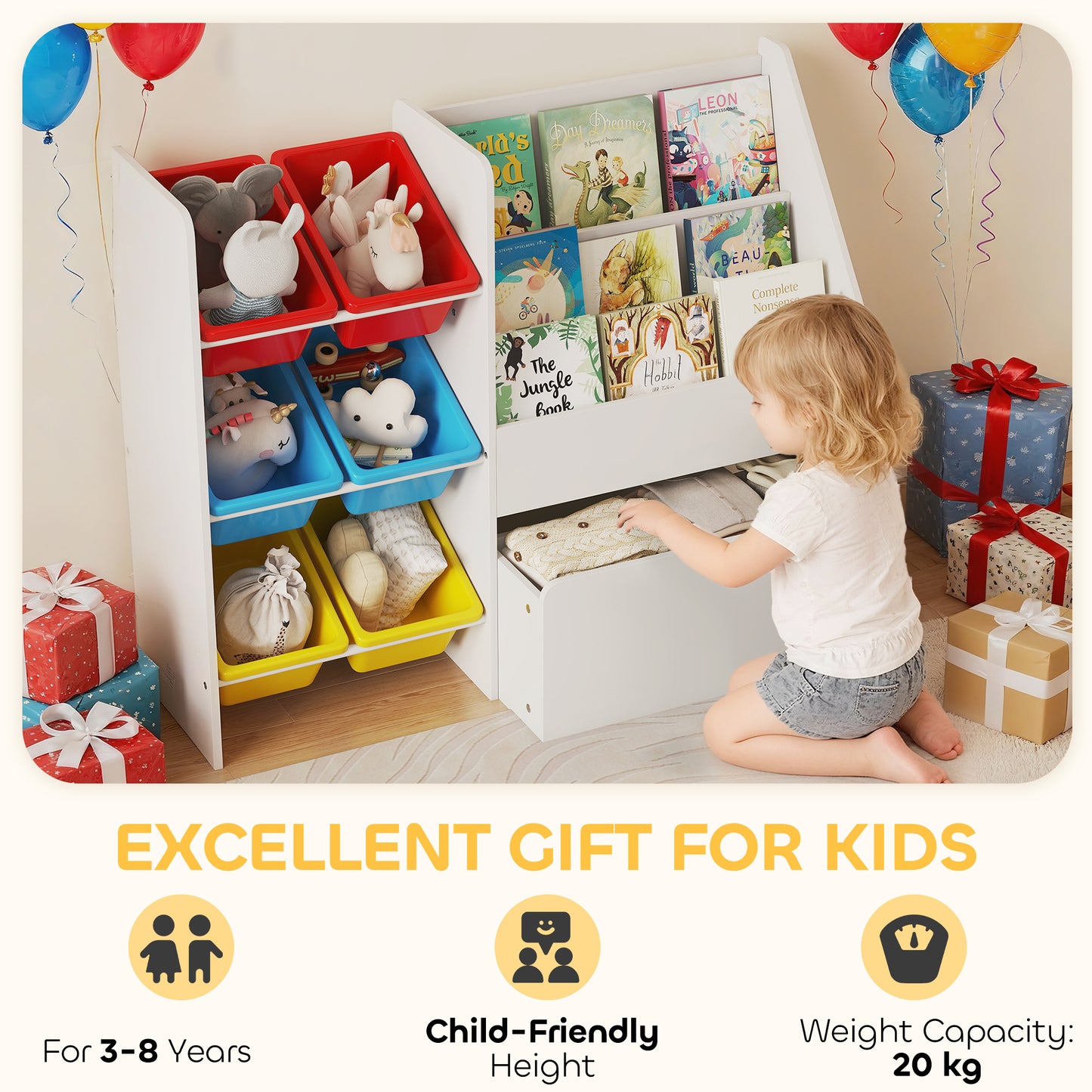 AIYAPLAY Toy Storage Unit, 3-Tier Toy Organiser Shelf with 6 Removable Storage Bins for Bedroom, Nursery, Multicoloured