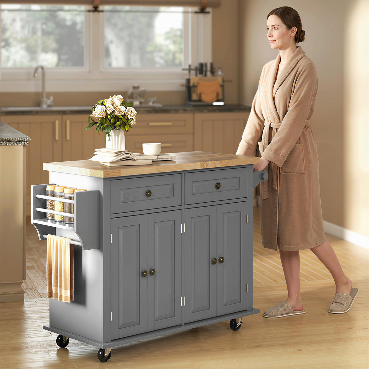 HOMCOM Rolling Kitchen Island Storage Trolley with Rubber Wood Top & Drawers for Dining Room, Grey