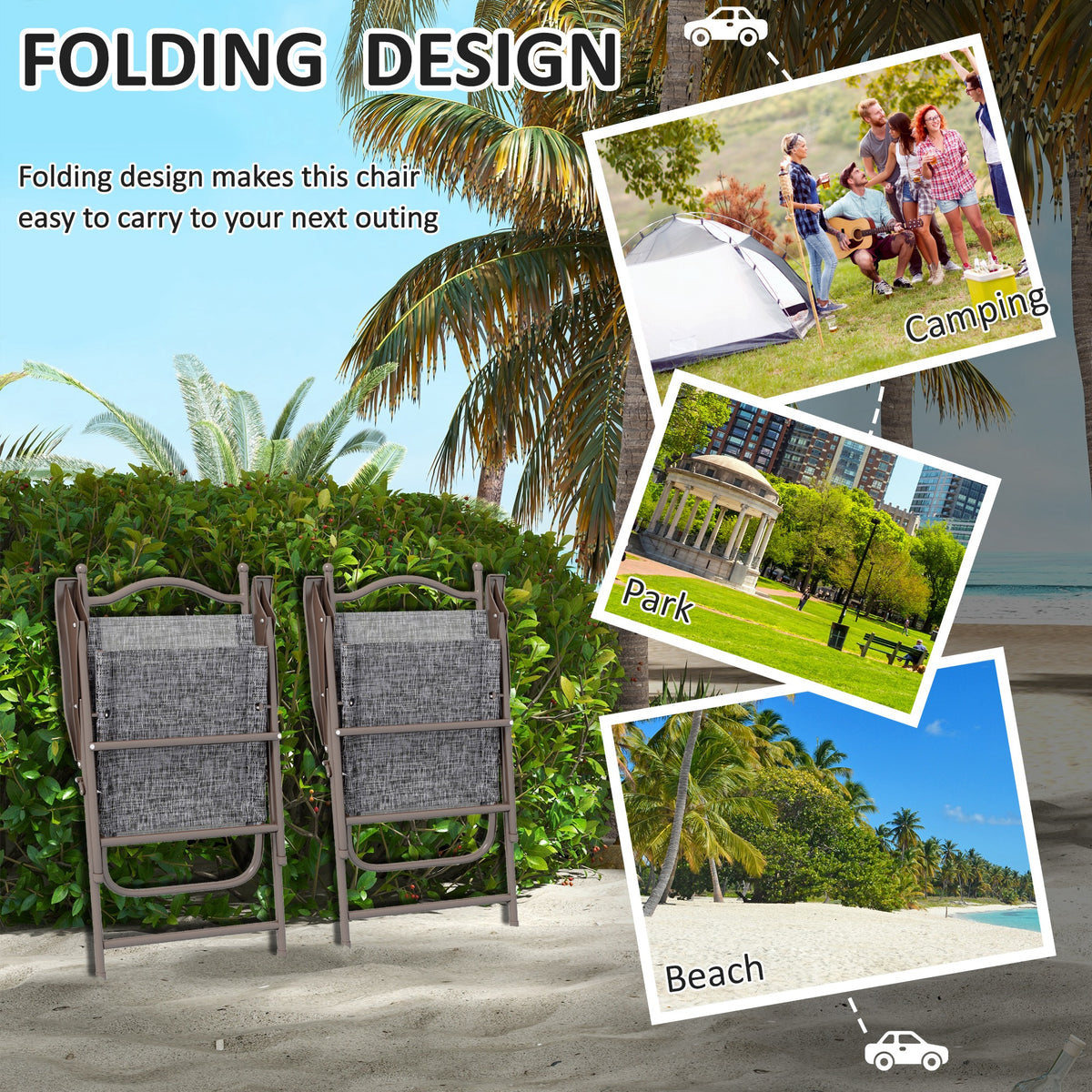 Two folded gray mesh garden chairs with dark frames