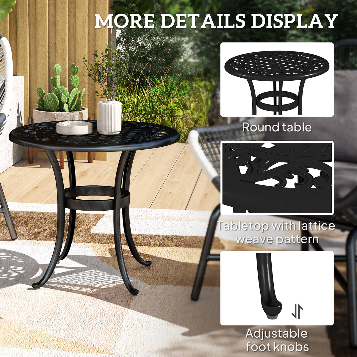 Black round garden table with lattice top, curved legs, and adjustable foot pads