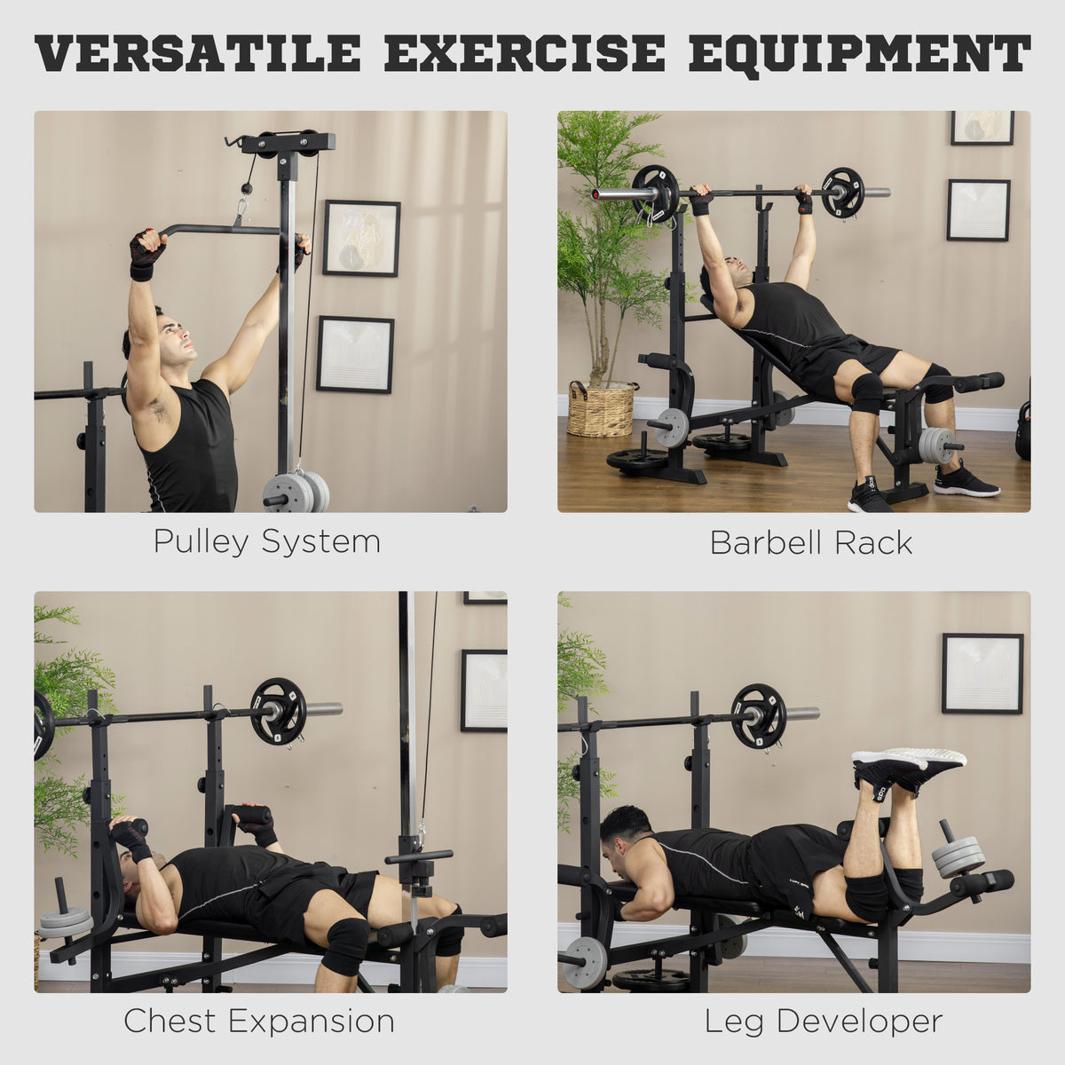 HOMCOM weight bench demonstrated for pulley, barbell, chest and leg exercises