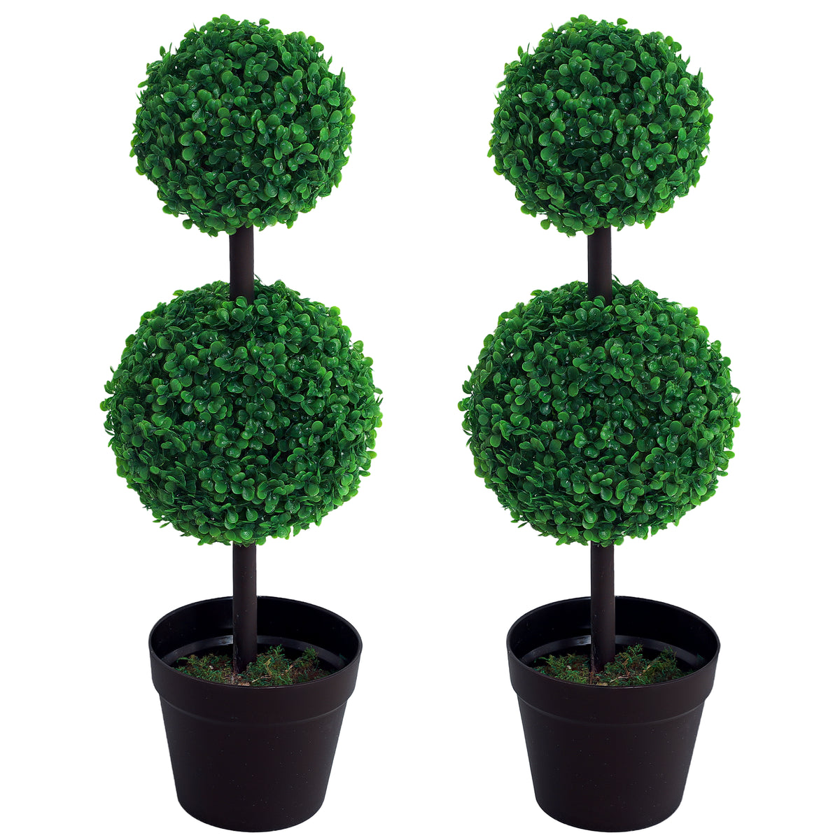 Pair of Outsunny artificial boxwood topiaries, each with two foliage balls and a black pot