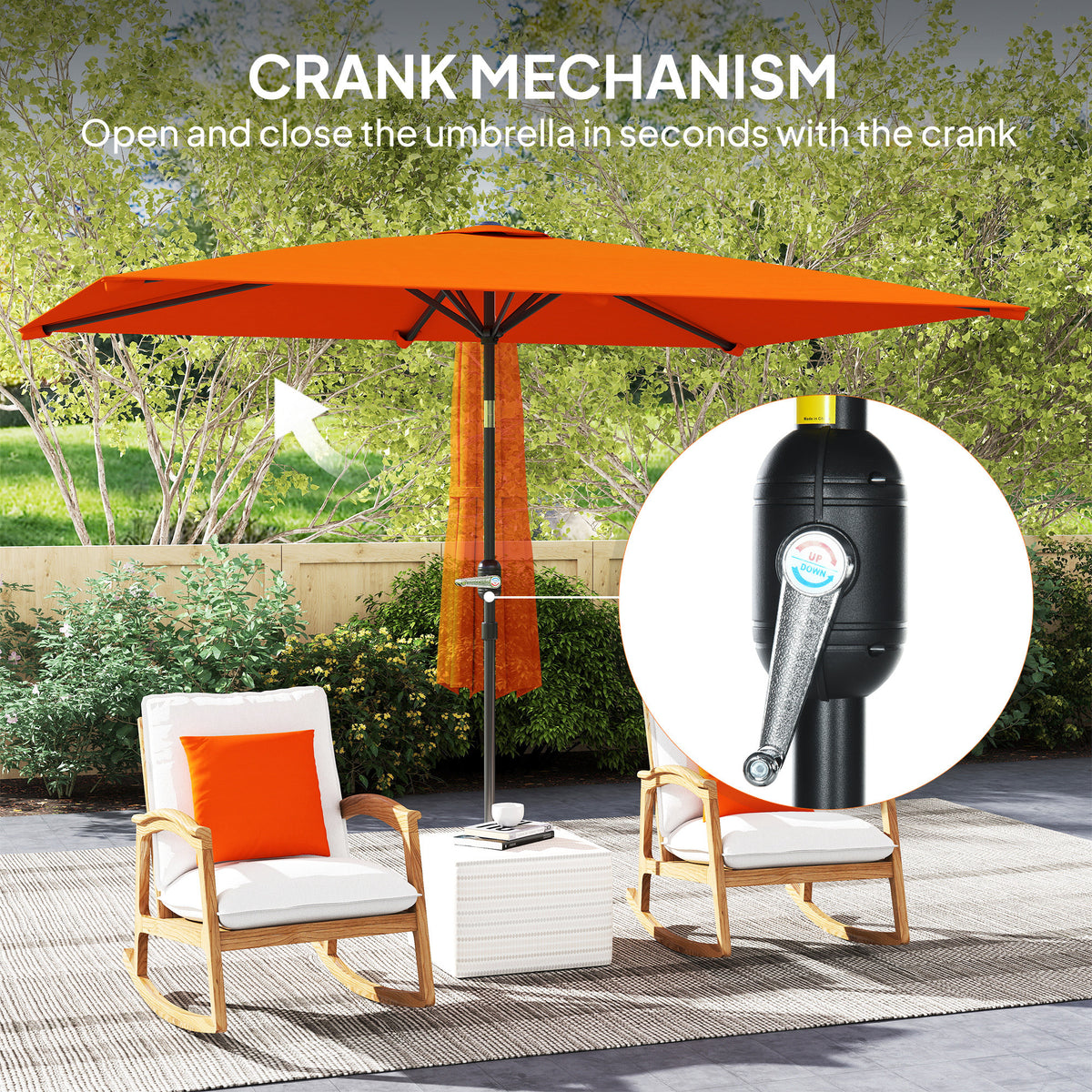 Orange garden parasol with crank handle for opening and closing